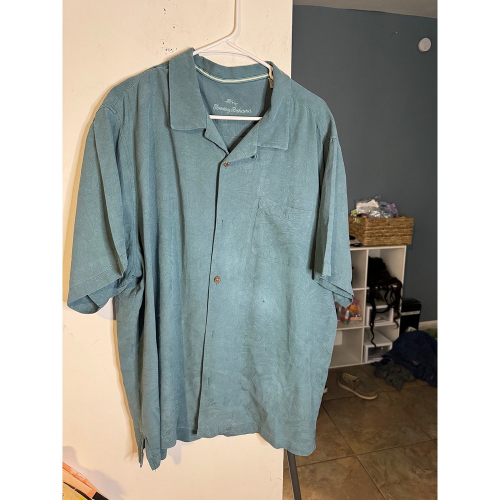 Tommy Bahama Mens XXL Silk Blend Teal Jacquard Tropical Camp Shirt Short Sleeve